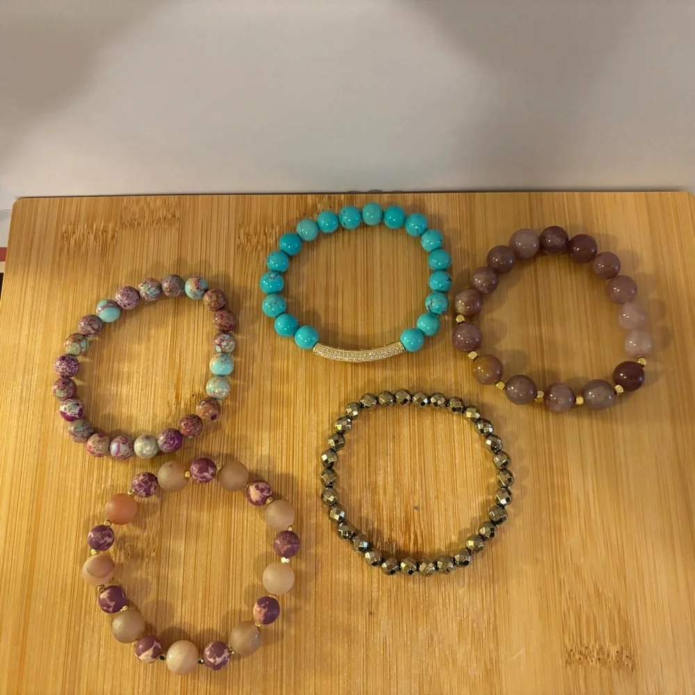 Handmade Gemstone Bracelet Stack Set of 5 NWT Turquoise Jasper Strawberry Quartz
